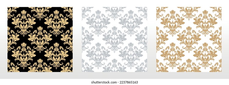 Wallpapers in the style of Baroque. Seamless vector backgrounds. Set of colored floral ornaments. Graphic patterns for fabric, wallpaper, packaging. Ornate Damask flower ornaments