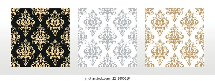 Fondos de pantalla en estilo barroco. Fondos vectoriales sin inconvenientes. Conjunto de adornos florales de colores. Patrones gráficos para tela, papel pintado, empaque. Ornate Damask