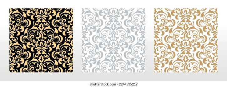 Wallpapers in the style of Baroque. Seamless vector backgrounds. Set of colored floral ornaments. Graphic patterns for fabric, wallpaper, packaging. Ornate Damask flower ornaments