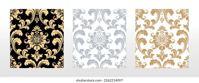 Wallpapers in the style of Baroque. Seamless vector backgrounds. Set of colored floral ornaments. Graphic patterns for fabric, wallpaper, packaging. Ornate Damask flower ornaments