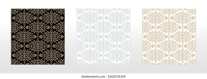 Tapeten im Barockstil. Nahtlose Vektorhintergründe. Set von farbigen Blumenziern. Grafische Muster für Gewebe, Tapeten, Verpackungen. Blumenzierschmuck für Ornate Damast