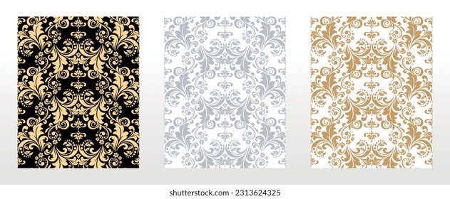 Wallpapers in the style of Baroque. Seamless vector backgrounds. Set of colored floral ornaments. Graphic patterns for fabric, wallpaper, packaging. Ornate Damask flower ornaments