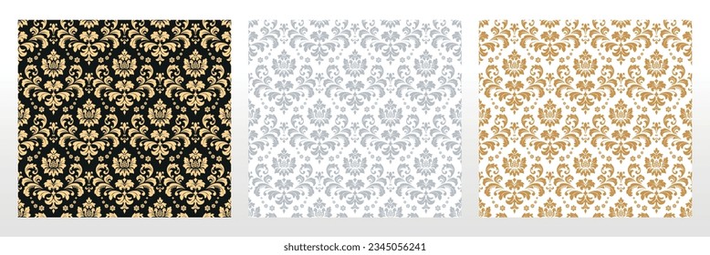 Wallpapers in the style of Baroque. Seamless vector backgrounds. Set of colored floral ornaments. Graphic patterns for fabric, wallpaper, packaging. Ornate Damask flower ornaments