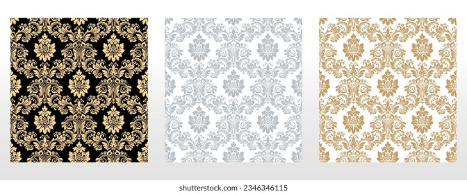 Wallpapers in the style of Baroque. Seamless vector backgrounds. Set of colored floral ornaments. Graphic patterns for fabric, wallpaper, packaging. Ornate Damask flower ornaments