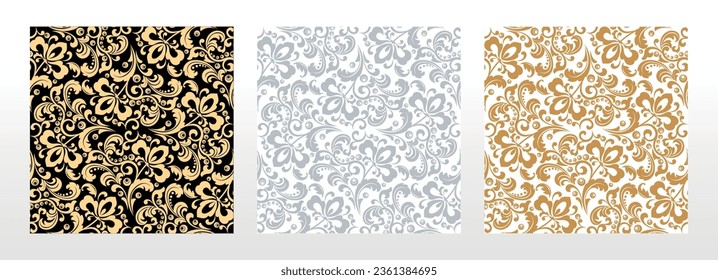 Wallpapers in the style of Baroque. Seamless vector backgrounds. Set of colored floral ornaments. Graphic patterns for fabric, wallpaper, packaging. Ornate Damask flower ornaments
