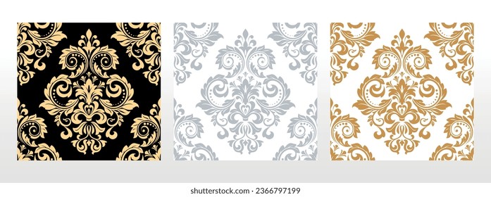 Wallpapers in the style of Baroque. Seamless vector backgrounds. Set of colored floral ornaments. Graphic patterns for fabric, wallpaper, packaging. Ornate Damask flower ornaments