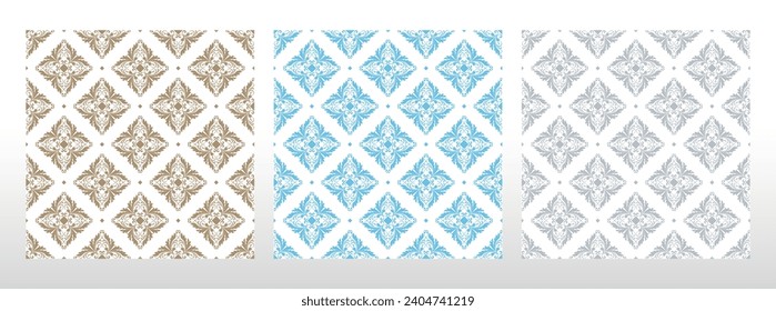 Wallpapers in the style of Baroque. Seamless vector backgrounds. Set of colored floral ornaments. Graphic patterns for fabric, wallpaper, packaging. Ornate Damask flower ornaments