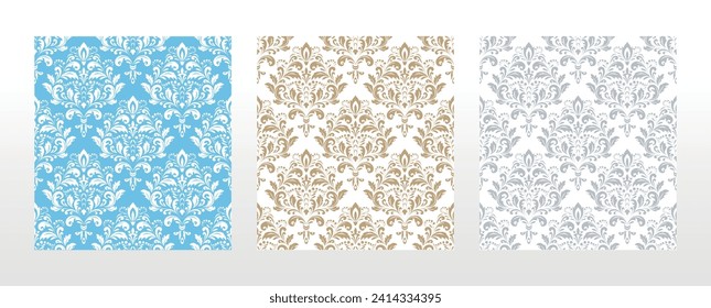 Wallpapers in the style of Baroque. Seamless vector backgrounds. Set of colored floral ornaments. Graphic patterns for fabric, wallpaper, packaging. Ornate Damask flower ornaments