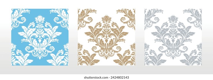 Wallpapers in the style of Baroque. Seamless vector backgrounds. Set of colored floral ornaments. Graphic patterns for fabric, wallpaper, packaging. Ornate Damask flower ornaments