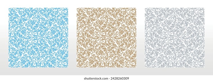 Wallpapers in the style of Baroque. Seamless vector backgrounds. Set of colored floral ornaments. Graphic patterns for fabric, wallpaper, packaging. Ornate Damask flower ornaments