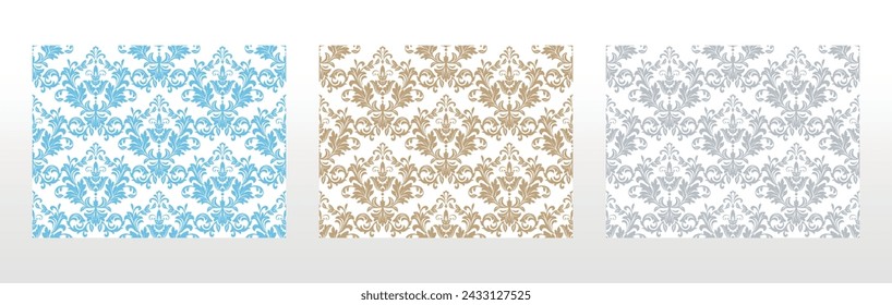 Wallpapers in the style of Baroque. Seamless vector backgrounds. Set of colored floral ornaments. Graphic patterns for fabric, wallpaper, packaging. Ornate Damask flower ornaments