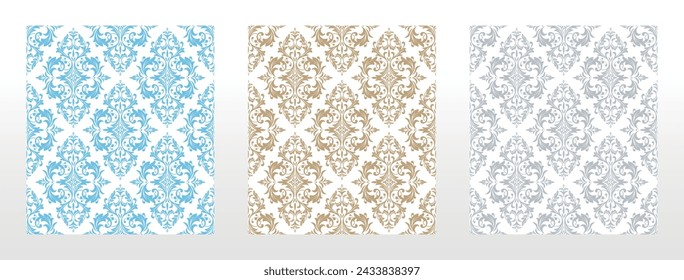 Wallpapers in the style of Baroque. Seamless vector backgrounds. Set of colored floral ornaments. Graphic patterns for fabric, wallpaper, packaging. Ornate Damask flower ornaments