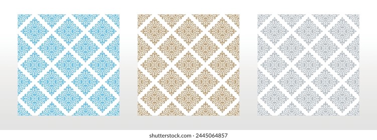 Wallpapers in the style of Baroque. Seamless vector backgrounds. Set of colored floral ornaments. Graphic patterns for fabric, wallpaper, packaging. Ornate Damask flower ornaments