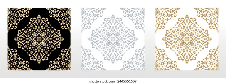 Wallpapers in the style of Baroque. Seamless vector backgrounds. Set of colored floral ornaments. Graphic patterns for fabric, wallpaper, packaging. Ornate Damask flower ornaments