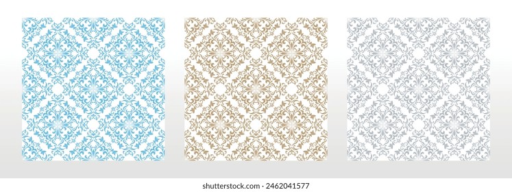 Wallpapers in the style of Baroque. Seamless vector backgrounds. Set of colored floral ornaments. Graphic patterns for fabric, wallpaper, packaging. Ornate Damask flower ornaments