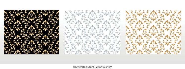 Wallpapers in the style of Baroque. Seamless vector backgrounds. Set of colored floral ornaments. Graphic patterns for fabric, wallpaper, packaging. Ornate Damask flower ornaments