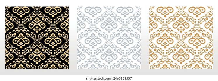 Wallpapers in the style of Baroque. Seamless vector backgrounds. Set of colored floral ornaments. Graphic patterns for fabric, wallpaper, packaging. Ornate Damask flower ornaments