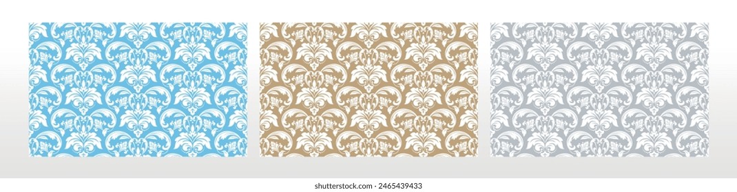 Wallpapers in the style of Baroque. Seamless vector backgrounds. Set of colored floral ornaments. Graphic patterns for fabric, wallpaper, packaging. Ornate Damask flower ornaments