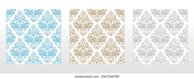 Fondos de pantalla al estilo barroco. Fondos de Vector sin costuras. Conjunto de adornos florales de colores. Patrones gráficos para tela, Fondo de pantalla, embalaje. Ornamentos de flores de Damasco