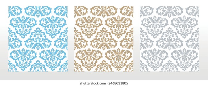 Wallpapers in the style of Baroque. Seamless vector backgrounds. Set of colored floral ornaments. Graphic patterns for fabric, wallpaper, packaging. Ornate Damask flower ornaments