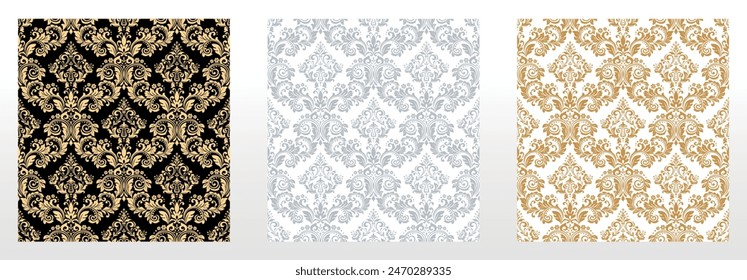 Wallpapers in the style of Baroque. Seamless vector backgrounds. Set of colored floral ornaments. Graphic patterns for fabric, wallpaper, packaging. Ornate Damask flower ornaments