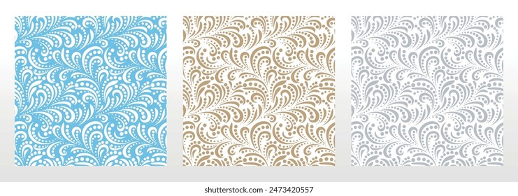 Wallpapers in the style of Baroque. Seamless vector backgrounds. Set of colored floral ornaments. Graphic patterns for fabric, wallpaper, packaging. Ornate Damask flower ornaments