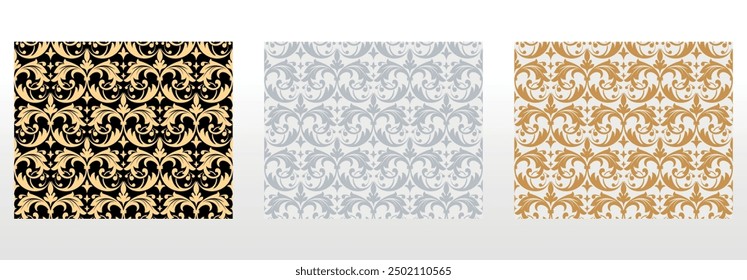 Fondos de pantalla en el estilo del Barroco. Fondos de Vector sin fisuras. Conjunto de adornos florales de colores. Patrones gráficos para tela, Fondo de pantalla, embalaje. Adornos de flores de damasco adornados