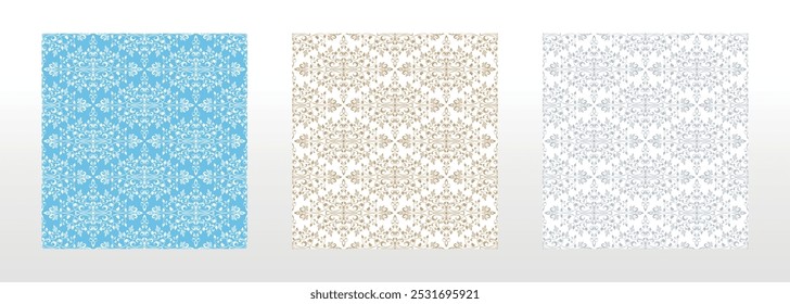 Wallpapers in the style of Baroque. Seamless vector backgrounds. Set of colored floral ornaments. Graphic patterns for fabric, wallpaper, packaging. Ornate Damask flower ornaments