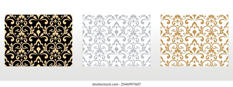 Wallpapers in the style of Baroque. Seamless vector backgrounds. Set of colored floral ornaments. Graphic patterns for fabric, wallpaper, packaging. Ornate Damask flower ornaments