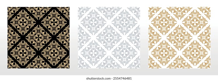 Wallpapers in the style of Baroque. Seamless vector backgrounds. Set of colored floral ornaments. Graphic patterns for fabric, wallpaper, packaging. Ornate Damask flower ornaments