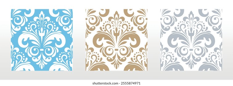 Wallpapers in the style of Baroque. Seamless vector backgrounds. Set of colored floral ornaments. Graphic patterns for fabric, wallpaper, packaging. Ornate Damask flower ornaments
