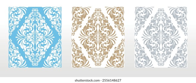 Wallpapers in the style of Baroque. Seamless vector backgrounds. Set of colored floral ornaments. Graphic patterns for fabric, wallpaper, packaging. Ornate Damask flower ornaments