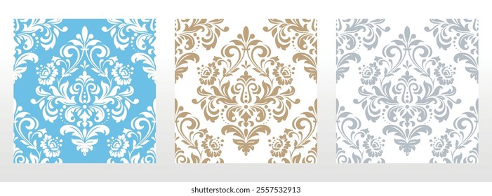 Wallpapers in the style of Baroque. Seamless vector backgrounds. Set of colored floral ornaments. Graphic patterns for fabric, wallpaper, packaging. Ornate Damask flower ornaments