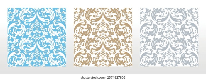 Wallpapers in the style of Baroque. Seamless vector backgrounds. Set of colored floral ornaments. Graphic patterns for fabric, wallpaper, packaging. Ornate Damask flower ornaments