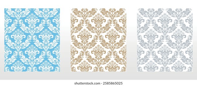 Wallpapers in the style of Baroque.. Set of colored floral ornaments. Seamless vector backgrounds Graphic patterns for fabric, wallpaper, packaging. Ornate Damask flower illustration