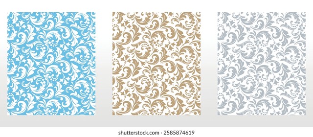 Wallpapers in the style of Baroque.. Set of colored floral ornaments. Seamless vector backgrounds Graphic patterns for fabric, wallpaper, packaging. Ornate Damask flower illustration