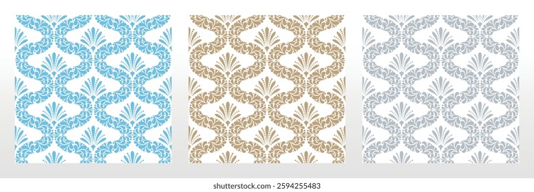 Wallpapers in the style of Baroque.. Set of colored floral ornaments. Seamless vector backgrounds Graphic patterns for fabric, wallpaper, packaging. Ornate Damask flower illustration