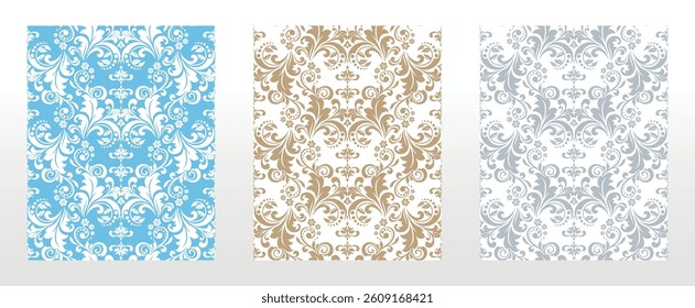 Wallpapers in the style of Baroque.. Set of colored floral ornaments. Seamless vector backgrounds Graphic patterns for fabric, wallpaper, packaging. Ornate Damask flower illustration