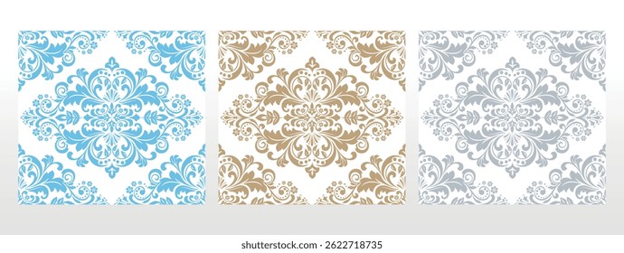 Wallpapers in the style of Baroque.. Set of colored floral ornaments. Seamless vector backgrounds Graphic patterns for fabric, wallpaper, packaging. Ornate Damask flower illustration