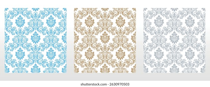 Wallpapers in the style of Baroque.. Set of colored floral ornaments. Seamless vector backgrounds Graphic patterns for fabric, wallpaper, packaging. Ornate Damask flower illustration