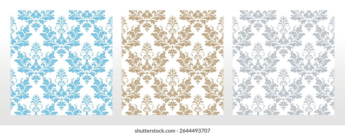 Fondos de pantalla en el estilo de.. Conjunto de adornos florales de colores. Fondos de Vector sin costura Patrones gráficos para tela, Fondo de pantalla, embalaje. Ilustración de flor de damasco adornado