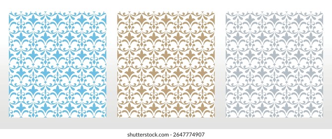 Tapeten im Stil des Barock.. Set von farbigen Blumenornamenten. Nahtlose Vektorhintergründe Grafische Muster für Stoff, Tapete, Verpackung. Verzierte Damast Blumengrafik