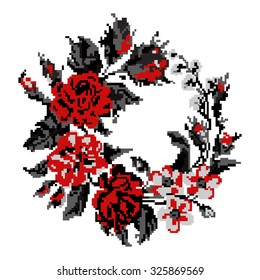 Wallpapers or textile. Circle  bouquet of flowers (roses, chamomile and cornflowers)  using traditional Ukrainian embroidery elements. Red and grey tones. Can be used as pixel-art.