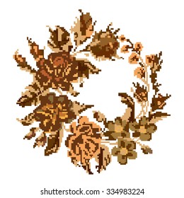 Wallpapers or textile. Circle  bouquet of flowers (roses, chamomile and cornflowers) using traditional Ukrainian embroidery elements.  Can be used as pixel-art.