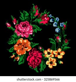 Wallpapers or textile. Color circle  bouquet of flowers (roses, chamomile and cornflowers) on the black background using traditional Ukrainian embroidery elements.  Can be used as pixel-art.