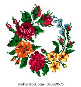 Wallpapers or textile. Color circle  bouquet of flowers (roses, chamomile and cornflowers) using traditional Ukrainian embroidery elements.  Can be used as pixel-art.