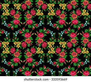 Wallpapers or textile. Color circle  bouquet of flowers (roses, chamomile and cornflowers) on the black background using Ukrainian embroidery elements. Seamless. Pattern. Can be used as pixel-art.