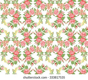 Wallpapers or textile. Color circle  bouquet of flowers (roses, chamomile and cornflowers) using Ukrainian embroidery elements. Green and red tones. Seamless. Pattern. Can be used as pixel-art.