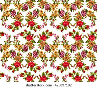 Wallpapers or textile. Color circle  bouquet of flowers (roses, chamomile and cornflowers) using Ukrainian embroidery elements.  Red, yellow, pink, green tones.Seamless. Can be used as pixel-art.