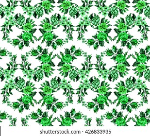 Wallpapers or textile. Monochromatic green  circle  bouquet of flowers (roses, chamomile and cornflowers) using traditional Ukrainian embroidery elements. Seamless. Pattern. Can be used as pixel-art.